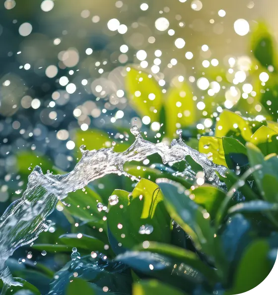 Close up image of water droplets landing on a plant