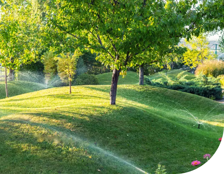 Sprinklers watering grass in a hilly park