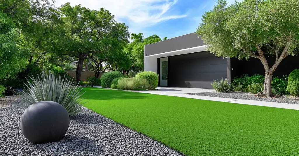 A front yard with sustainable landscaping solutions