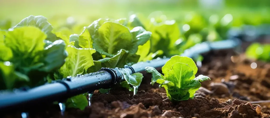 Close up of a water efficient drip irrigation system in an organic salad garden