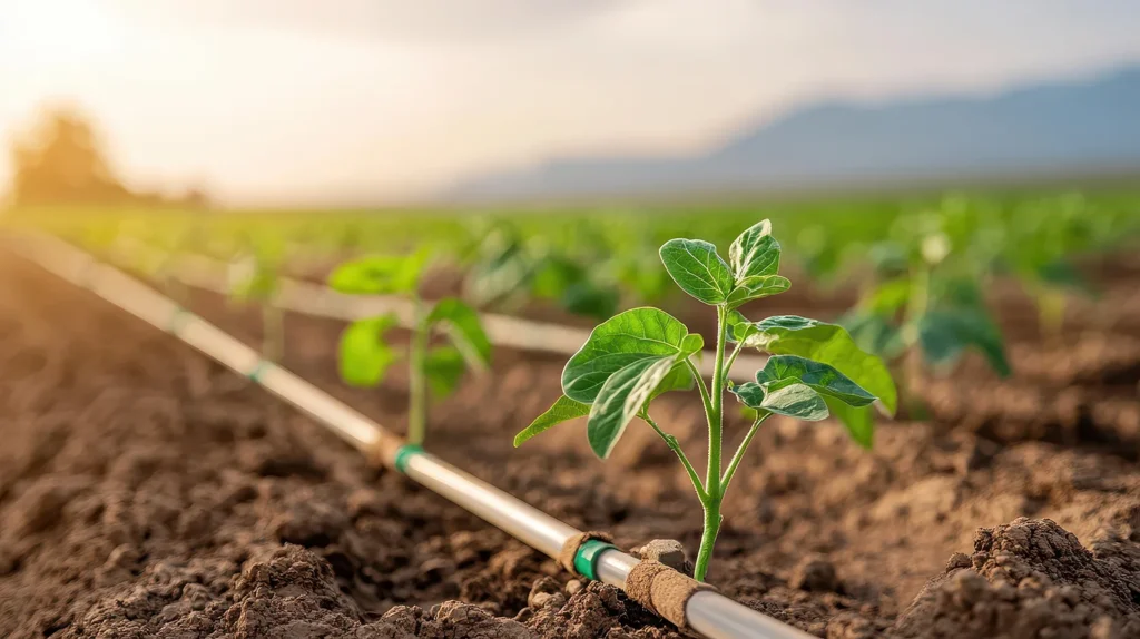 Close up of drip irrigation system with young plants in arid landscape
