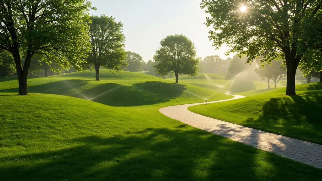 Serene Sunrise over a Lush Green Golf Course with Winding Stone Pathway and Sprinklers