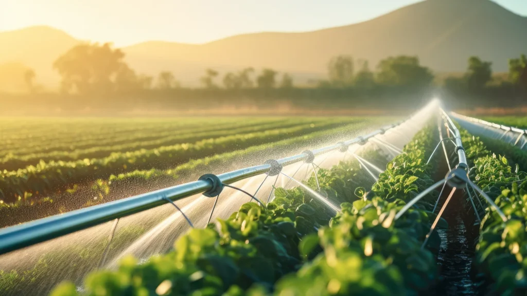 agricultural irrigation as sprinklers nourish the fertile farmland