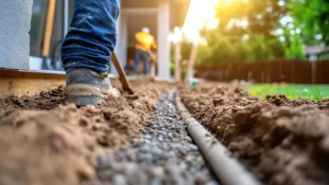 Landscaping worker installing irrigation pipe