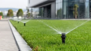 Automatic sprinklers watering green lawn near office building.