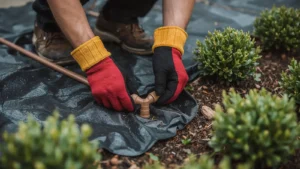 A detailed close-up of a person's gloved hands meticulously installing a drip irrigation system component into garden soil, covered with black landscape cover