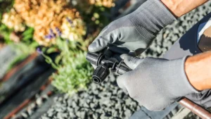 Gardener Works With Irrigation Tool Near Flowers
