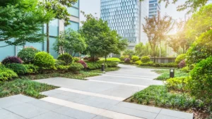 commercial irrigation design supports a beautiful park with a mixture of walkways, tall grass, bushes, and trees